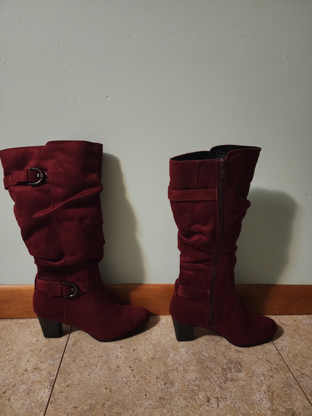 Rialto Burgundy Suede Mid-Calf Heeled Boots with Buckle